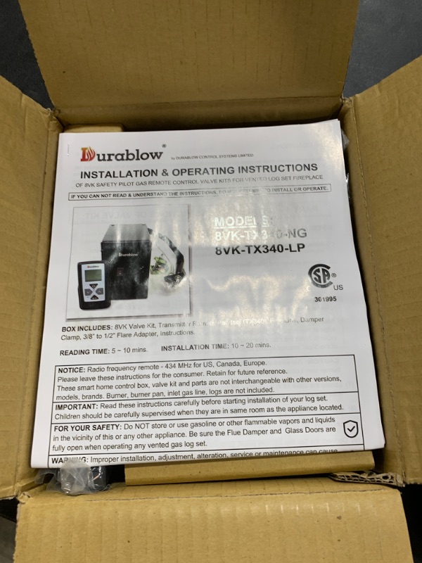 Photo 2 of Durablow 8VK-TX340 Electronic Automatic Spark to Pilot Valve Kit with Thermostat, Backlit LCD, Variable Flame Height, Timer Remote for Natural Gas (NG) Vented Fireplace, Log Sets (New)