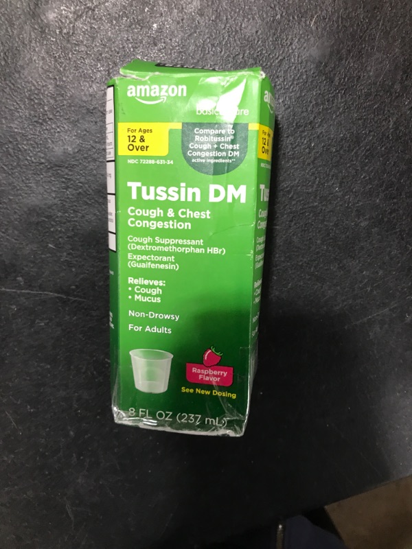 Photo 1 of Amazon Basic Care Tussin Cough Plus Chest Congestion DM Syrup, Raspberry Flavor, 8 fl oz (Pack of 1)