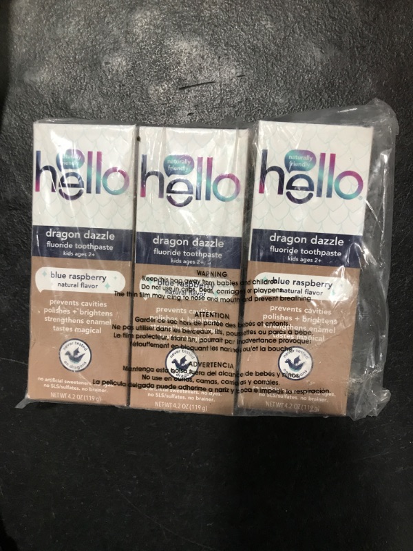 Photo 1 of hello Dragon Dazzle Blue Raspberry Kids Toothpaste, Fluoride Toothpaste, Ages 2+, No Artificial Sweeteners, No SLS, Gluten Free, Vegan, Pack of 3, 4.2 OZ Tubes