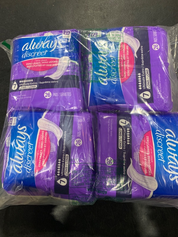 Photo 1 of Always Discreet Adult Incontinence Pads for Women, Ultimate Extra Protect Absorbency, Long Length, Postpartum Pads, 104 CT