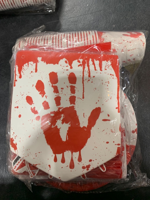 Photo 2 of 212pcs Halloween Party Supplies Bloody Scary Handprint Paper Plates Napkins Red Disposable Banner Tablecloth Cups Forks Tableware Set Halloween Party Decorations Sever 30 Guests