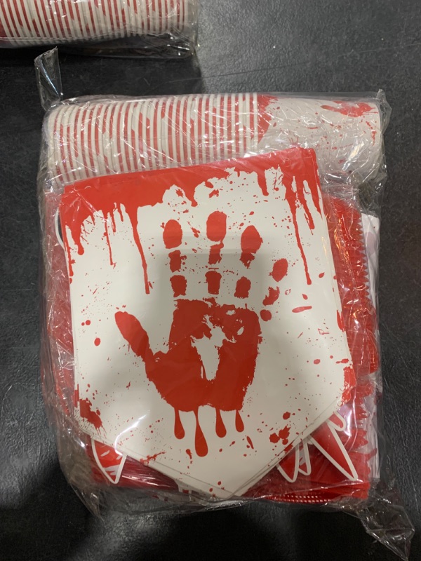 Photo 2 of 212pcs Halloween Party Supplies Bloody Scary Handprint Paper Plates Napkins Red Disposable Banner Tablecloth Cups Forks Tableware Set Halloween Party Decorations Sever 30 Guests