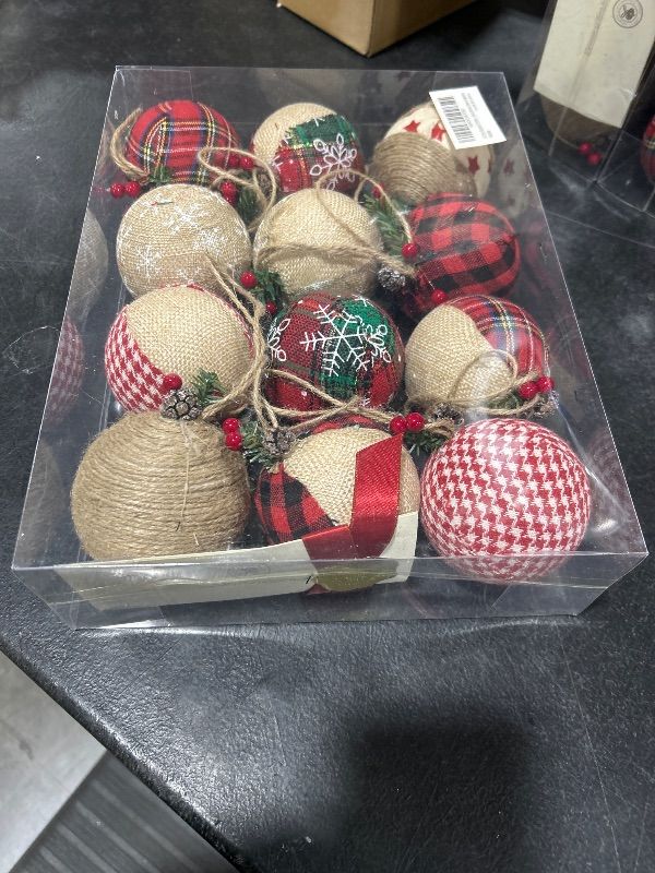 Photo 2 of 12 Pcs Burlap Christmas Ball Ornaments, 3.15 Inches Rustic Buffalo Plaid Christmas Tree Ornaments, Natural Jute Farmhouse Decorations for Xmas Tree, Holiday, Party