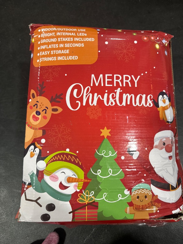 Photo 1 of FLATO 10 FT Long Merry Christmas Inflatable Decorations, Smile Inflatables Gingerbread Man Gift Box Outdoor Xmas Decor with Built-in Colorful Rotating and White LED Lights for Holiday, Lawn, Party