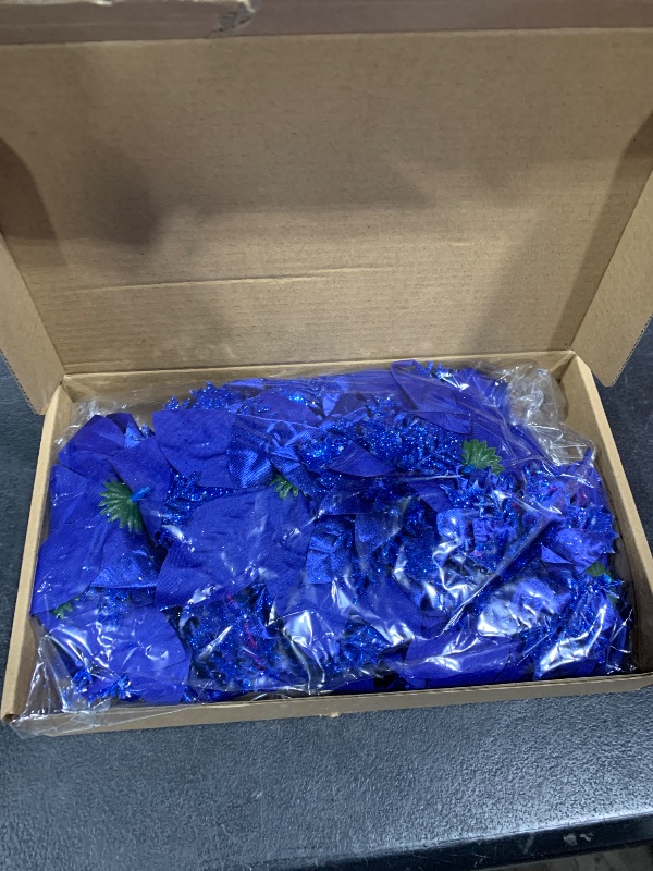 Photo 1 of 24 Christmas Glitter Artificial Poinsettia Flowers Xmas Poinsettia Artificial Wedding Flowers Decorations Xmas Tree Ornaments with Clips for Party Favors, 6 Inch, 4 Inch, 3 Inch (Royal Blue)