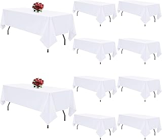 Photo 1 of 10 Pack White Table Cloth Rectangle 60x102 inch White Tablecloths for 6 Foot Tables Wrinkle Resistant Polyester Table Cloth Fabric Table Cover for Party Wedding Events and Camping
