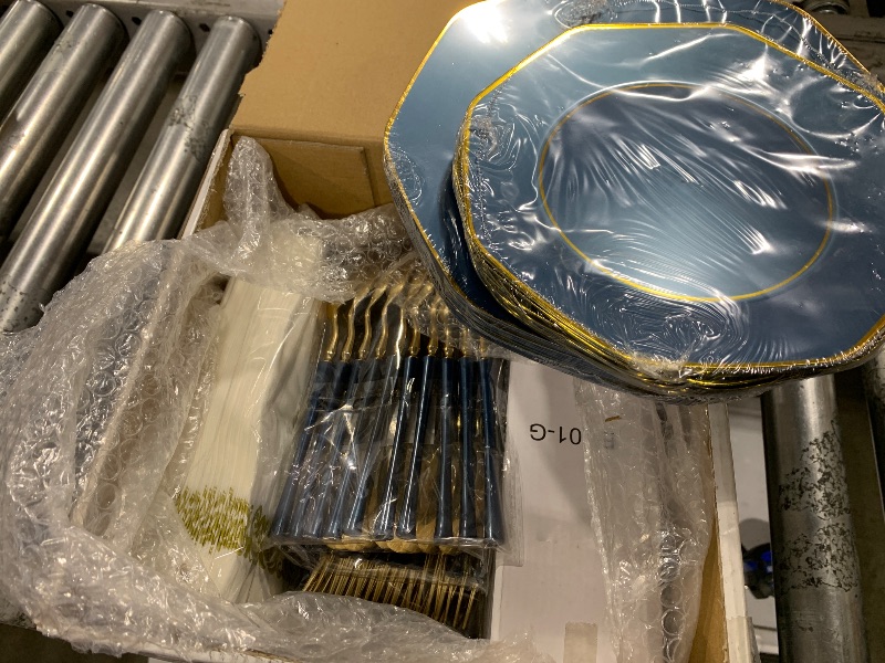 Photo 1 of KIRE 140Pcs Blue Plastic Plates with Gold Rim& Gold Disposable Plastic Silverware with Blue Handle&Clear Gold Cups&Hand Napkin- Geometric Blue Party Plates for Holiday&Blue Hanukkah