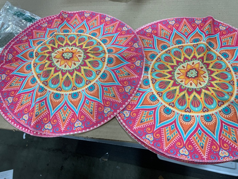 Photo 2 of Artoid Mode Pink Yellow Mandala Round Placemats Set of 4,14 Inch Seasonal Spring Table Mats for Party Kitchen Dining Decoration