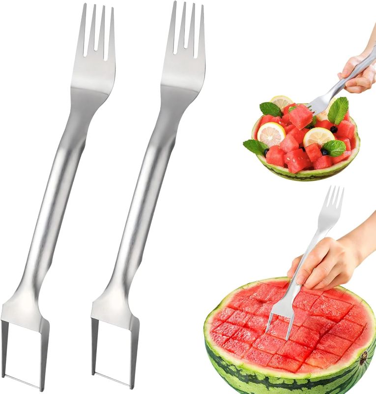 Photo 1 of 2 Pack 2-in-1 Watermelon Fork Slicer Cutter, Summer Stainless Steel Watermelon Fruit Cutter, Portable Watermelon Slicer, Fruit Forks Slicer Knife Kitchen Gadgets for Family Parties Camping
