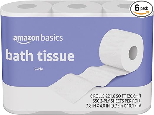 Photo 1 of Amazon Basics 2-Ply Toilet Paper 6 Rolls = 24 Regular Rolls, 350 Sheets, (1 Pack of 6), Unscented
