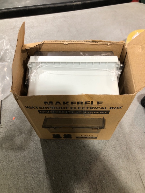 Photo 1 of MAKERELE Small Waterproof Electrical Junction Box Clear ABS Plastic Dustproof Boxes Hinged Shell Outdoor Universal Project Enclosure with Clear Cover 8.6×6.7×4.3 inch (220×170×110mm)
