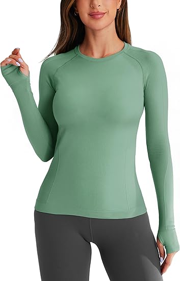 Photo 1 of BAYDI Workout Shirts for Women Long Sleeve Workout Tops Seamless Compression Yoga Shirts Gym Athletic Tops with Thumbholes S
