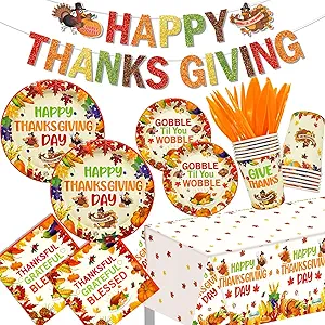 Photo 1 of 188Pcs Thanksgiving Party Supplies Happy Thanksgiving Banner Thanksgiving Table Decorations Thanksgiving Plates and Napkins Sets Thanksgiving Plates Disposable Dinnerware for Thanksgiving Decorations