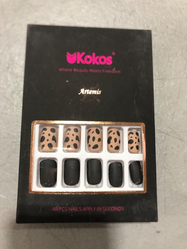 Photo 1 of 48 PCS Press On Nails, Short Square Leopard Print Contrast Fake Nails, ABS Natural Fit, Reusable Stick On Nails in 12 Sizes-Soft Gel Fake Nails Kit, Salon-quality, Brown and Black, Wild West