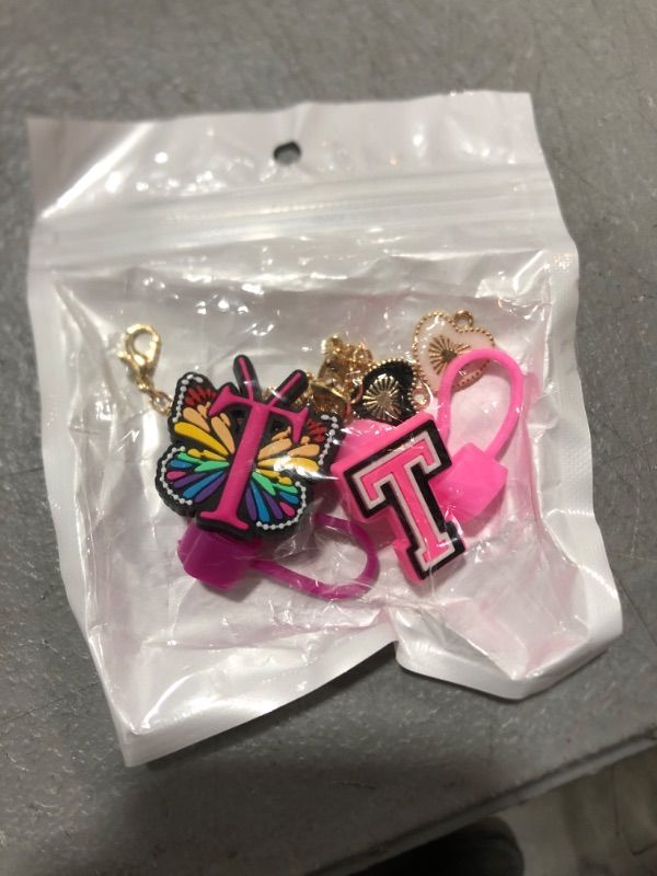 Photo 1 of (2+2 Straw Cover 10mm and Initial Letter Charms Accessories For Stanley Tumbler Cup, Straw Cap Topper/Letters A to Z Charm Chains Name ID Personalized For Stanley 30&40 Oz Cup Tumbler