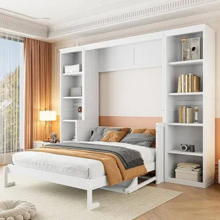 Photo 1 of White Wood Queen Murphy Bed with Storage Bookshelves   STOCK PHOTO FOR REFERENCE ONLY
MISSING BOX 1 OF 4