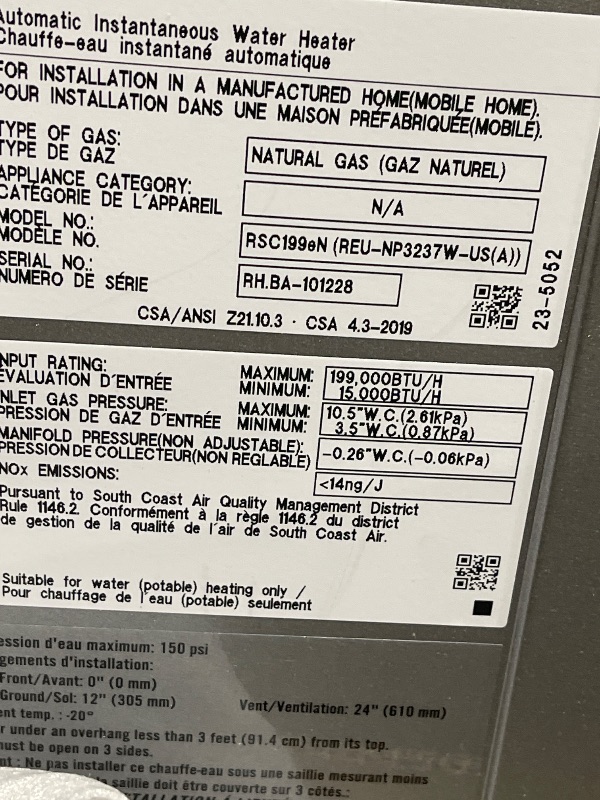 Photo 6 of Rinnai RSC199eN Smart-Circ Condensing Gas Tankless Water Heater, Super High Efficiency Plus Natural Gas Water Heater, Up to 11 GPM, Outdoor Installation, 199,000 BTU