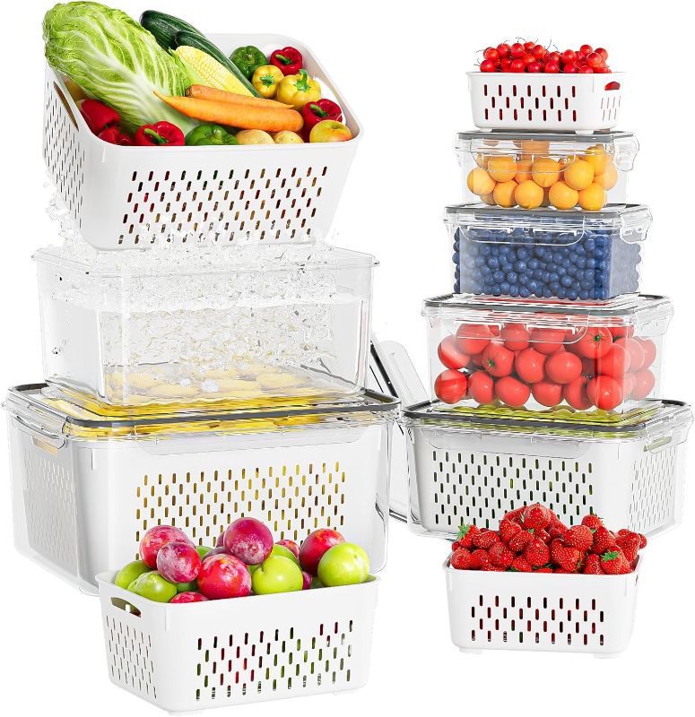 Photo 1 of *** FACTORY SEALED***6 Pcs Large Fruit Containers For Fridge, Airtight Food Storage Containers with Removable Colander, Dishwasher & Microwave Safe, Berry Produce Container Keep Vegetable, Fruit, Meat Fresh Longer