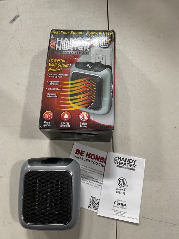 Photo 2 of *** FACTORY SEALED***Ontel Handy Heater Turbo 800 Wall Outlet Small Space Heater with Adjustable Thermostat, Programmable 12-Hour Timer, Auto Shut Off - Quiet & Space-Saving Ceramic Mini Heater