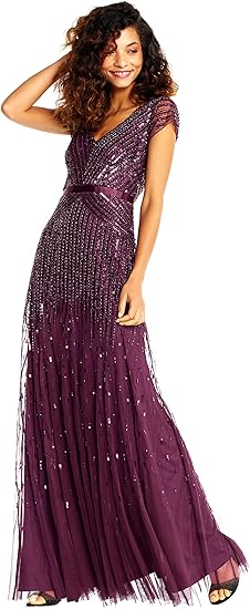 Photo 4 of (READ FULL POST) Adrianna Papell Women's Long Beaded V-Neck Dress with Cap Sleeves and Waistband, Cassis, 8