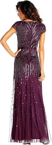 Photo 2 of (READ FULL POST) Adrianna Papell Women's Long Beaded V-Neck Dress with Cap Sleeves and Waistband, Cassis, 8