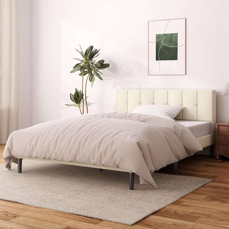 Photo 1 of **PARTS ONLY NON REFUNDABLE**PARTIAL SET READ NOTES**
 Queen Size Bed Frame with Upholstered Headboard, Modern Bed with Wooden Slat, No Box Spring Needed, Easy Assembly, Beige