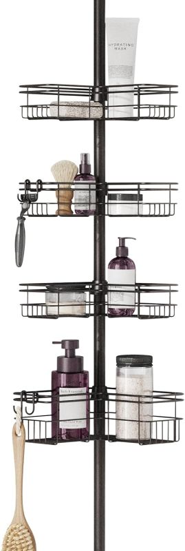 Photo 1 of 
Zenna Home Tension Pole Shower Caddy with 4 L-Shaped Shelves with Hooks, Bronze, 60-97 Inch – Rust-Resistant Corner Shower