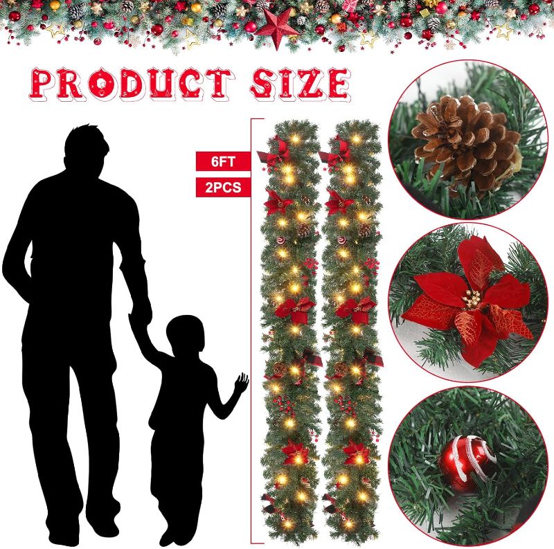 Photo 3 of (READ FULL POST) 2 Pcs 6 ft Christmas Garland with Lights Christmas Prelit Artificial Garland with Pine Berries Decor Christmas Fireplace Decorations for Mantle Banister Indoor Outdoor(Ball)