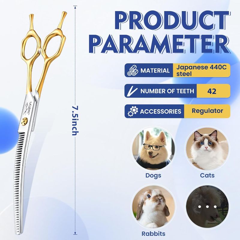 Photo 3 of (READ FULL POST) Jason 7.5 inch Curved Dog Scissors 43 Teeth Professional Dog Scissors Curved Down Made of Japanese 440C Stainless Steel Coat Scissors with Symmetrical Handle