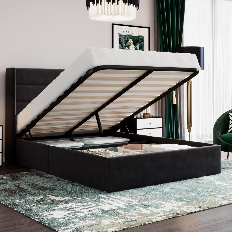 Photo 3 of 
Roll over image to zoom in







SHA CERLIN Queen Size Lift Up Storage Bed/Velvet Upholstered/Modern Wingback Headboard/Upholstered Platform Bed Frame/Hydraulic Storage/No Box Spring Needed/Black