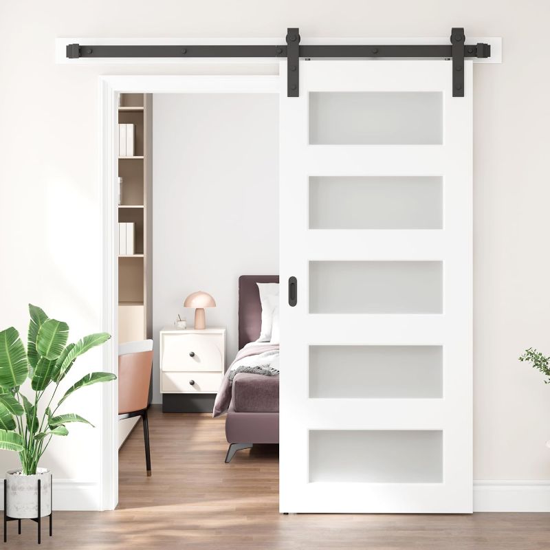 Photo 3 of **** BLACK******* PHOTO FOR REFERENCE ONLY**** DELAVIN 30 x 84 in Glass Barn Door with 5 FT Hardware Kit & Handles, Sliding Barn Door with Waterproof PVC Surface, 5 Panel Design White Barn Door, Barn Door No Assembly Needed, Easy to Install