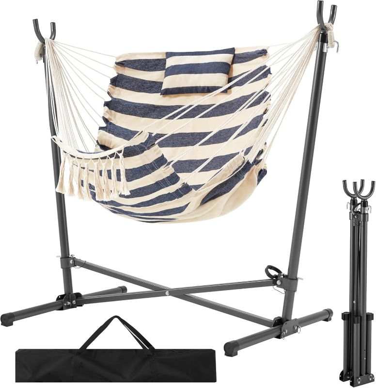 Photo 1 of ***USED - LIKELY MISSING PARTS - UNABLE TO VERIFY FUNCTIONALITY***
Folding Hammock Stand with Chair,Heavy-Duty Hanging Chair with Stand, for Patio, Lawn and Outdoors,Sturdy Swing Chair with Stand,with Headrest and Side Pocket,Max Load 450 pounds((Blue-Whi