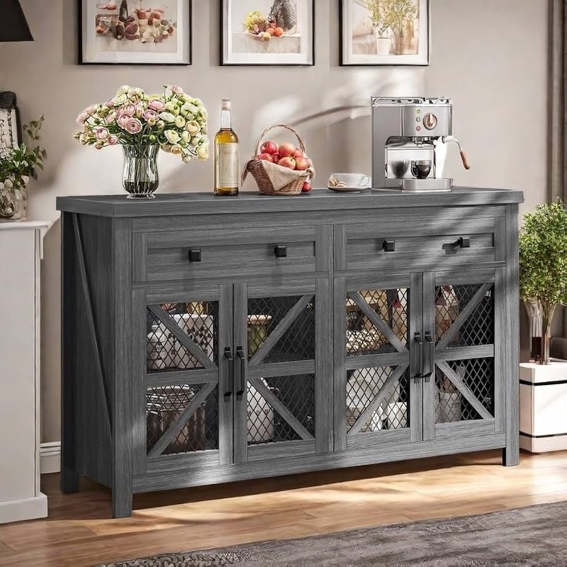 Photo 1 of *****STOCK PHOTO FOR REFERENCE****YITAHOME 55'' Farmhouse Buffet Cabinet with Storage, Large Sideboard Cabinet with 4 Mesh Decorated Doors & 2 Drawers, Kitchen Storage Cabinet Coffee Bar Cabinet, Living Room,Oakwood Brown 