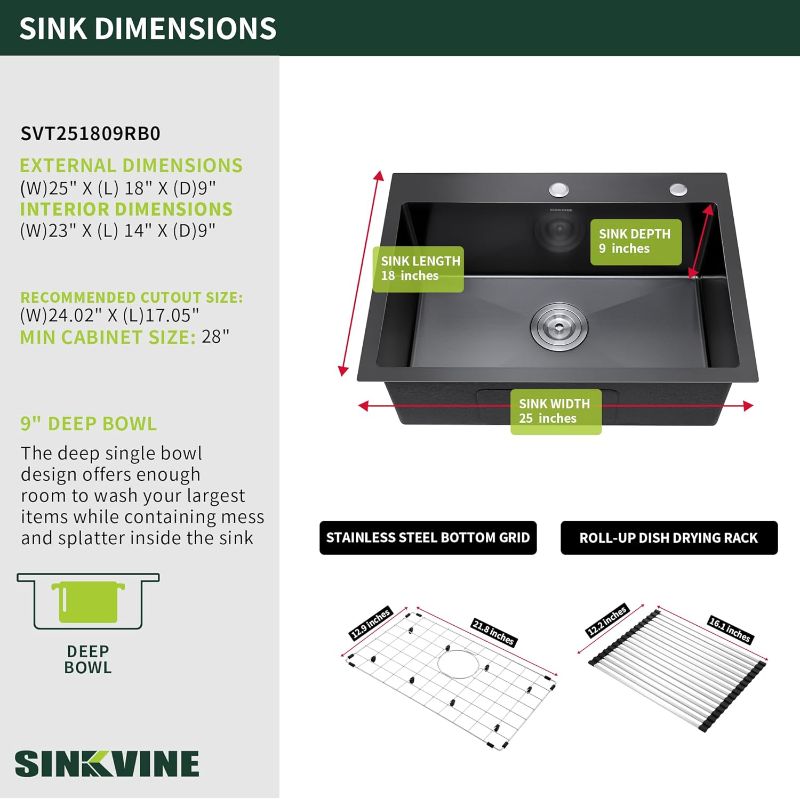 Photo 1 of (FAIR) Black Kitchen Sink Drop-In 25 x 18 inch, SINKVINE PVD Nano Stainless Steel Outdoor Sink, Top Mount Large Deep Single Bowl Laundry Sink, w/Drain Strainer, Bottom Grid, Roll-up Drying Unit, Dark Gray