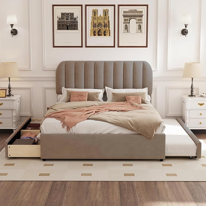 Photo 1 of ** PARTIAL SET, BOX 1 OF 2 ONLY  **
 Upholstered Full Platform Bed with Trundle and Drawers for Bedroom, Living Room,Solid Wood Platform Bedframe w/Wood Slat Support,Space Saving Design,No Box Spring Needed