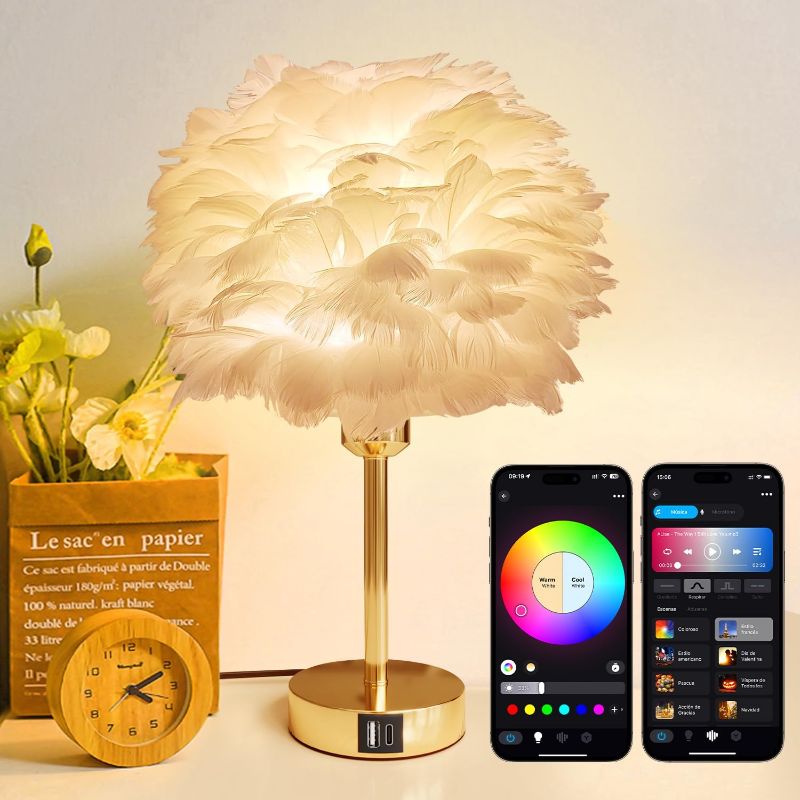 Photo 1 of (READ FULL POST) Nowepai Smart Bedside Table Lamp with USB C+A Port, Touch Lamp Works w/Alexa for Nightstand, 9W 800LM Colored Dimmable Feather Gold Desk Lamp, Small LED Nightlight Lamp for Bedroom Living Room Office