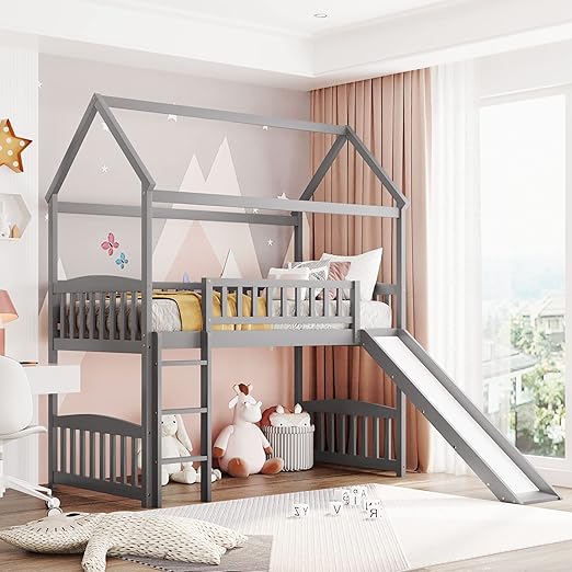 Photo 1 of **NON-REFUNDABLE-MISSING BOX TWO**House Loft Bunk Bed with Slide No Box Spring Needed for Teens, Girls or Boys, Twin, Gray
