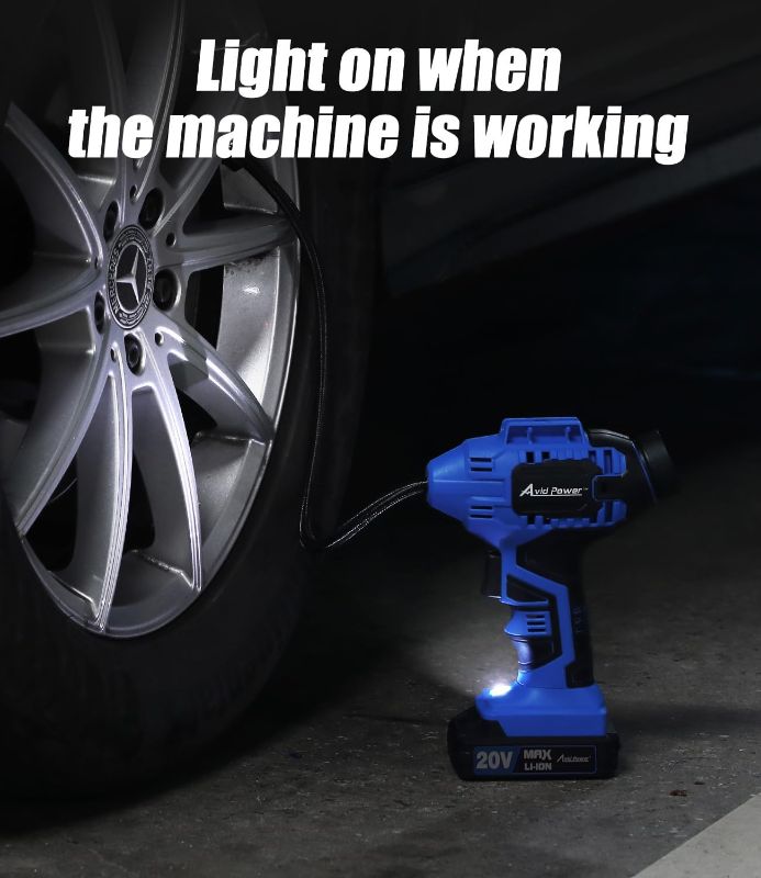 Photo 1 of (READ FULL POST) Avid Power Cordless Tire Inflator Portable Air Compressor, 20V Rechargeable Battery Tire Pump w/ 12V DC Power Adapter, Digital Pressure Gauge, Auto Air Pump for Many Inflatables (Blue)