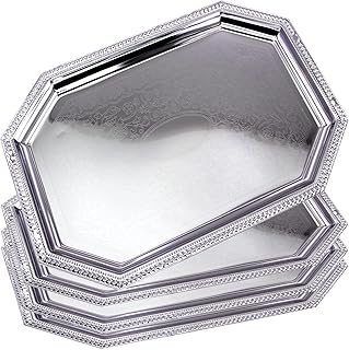 Photo 1 of (Pack of 4) 19.8 inch x 13.6 inch Octagonal Chrome Plated Serving Tray Stylish Design Floral Engraved Edge Decorative Party Birthday Wedding Dessert Buffet Wine Platter Plate TLA-561
