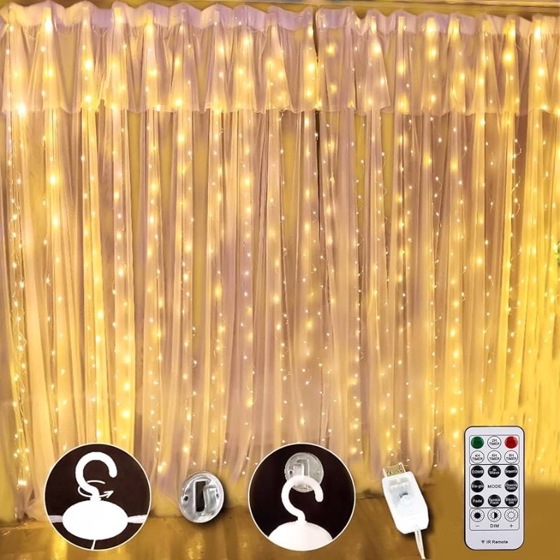 Photo 1 of 
Warm White Curtain Light for Bedroom, 300 LED 9.8ft x 9.8ft Window Fairy Curtain String Light with 16 Hooks, 8 Models Remote Control for Wedding Party Home Garden Indoor Decorations