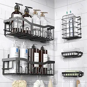 Photo 2 of *** STOCK PHOTO FOR REFERENCE*** ** MISSING TOOTBRUSH RACK** Adhesive Shower Caddy, 5 Pack Rustproof Stainless Steel Bath Organizers With Large Capacity, No Drilling Shelves for Bathroom Storage & Home Decor
