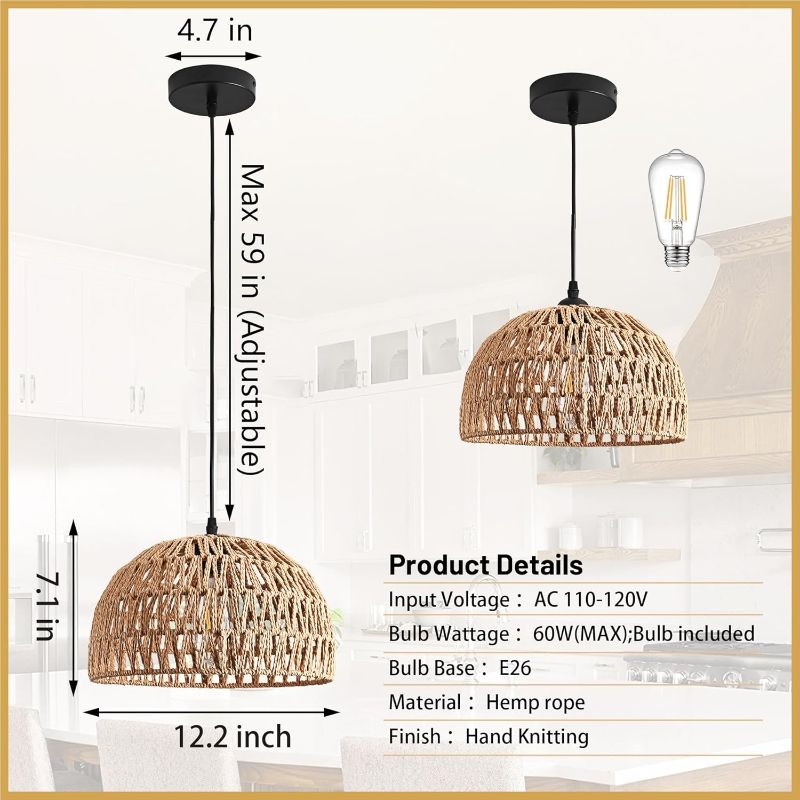 Photo 3 of (READ FULL POST) AyshwillDec Hemp Rope Woven Pendant Light Woven Light Fixture Boho Chandelier Light Fixture Wicker Pendant Light Rattan Light Pendant Dome Wicker Chandelier for Dining Room Kitchen Island(Bulb Incl.)