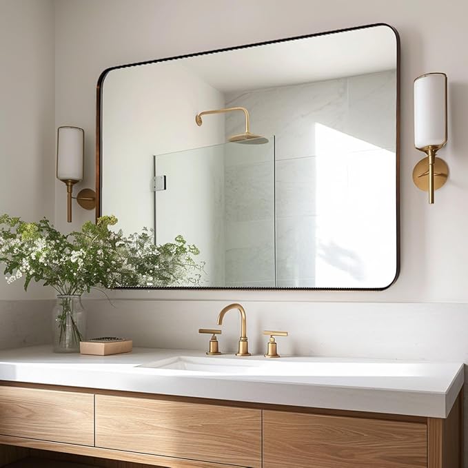 Photo 1 of ANDY STAR Bronze Mirror for Wall, 30x36” Rounded Rectangle Bathroom Mirror, Modern Stainless Steel Metal Frame Mirror for Vanity