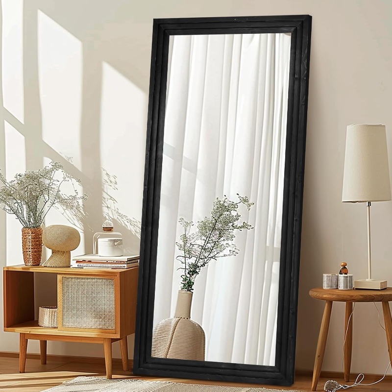 Photo 1 of Full Length Mirror 76"x34" Solid Wood Frame Floor Large Mirror for Living Room, Bedroom Hanging or Leaning Wall-Mounted, Black