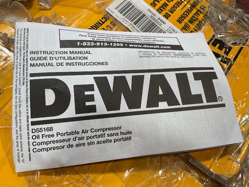 Photo 2 of *FOR PARTS ONLY* 
DEWALT Vertical Portable Compressor, 1.9 Hp 200 Psi Oil Free High Pressure Low Noise (D55168)