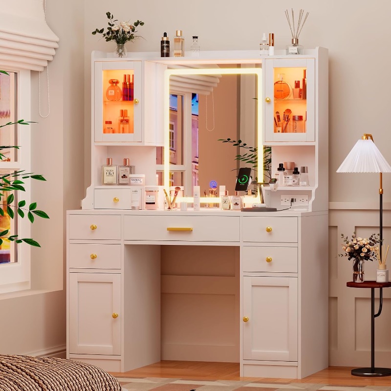 Photo 1 of ***Picture for reference only, missing parts
White Makeup Vanity Desk with Mirror and Lights, Large Vanity Table Set with Charging Station, Dressing Table with RGB Cabinets, Makeup Vanity Mirror with Lights Desk and Drawers, 3 LED Lights Modes