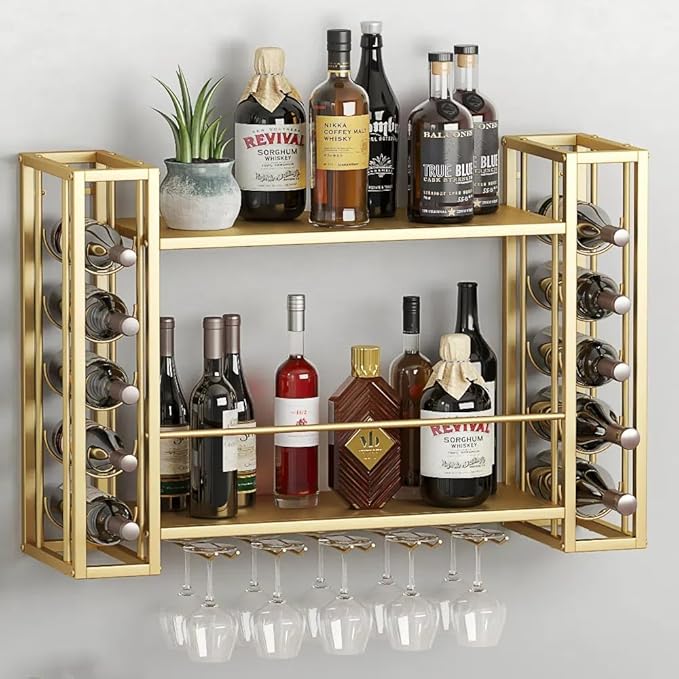 Photo 1 of  Wine Rack with Wine Glass Rack, 2-Tier Multi-Functional Shelf for Home Restaurant Bar Storage Rack (Gold, 31.5" W x 9.8" D x 21.6" H)