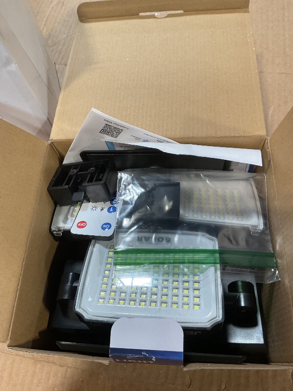 Photo 1 of JEJOT Solar Security Light Outdoor,Solar Flood Light with Active Motion Sensor,3 Heads 270° Wide Angle,Remote Control,IP65 Waterproof, 3 Modes (2 Packs)