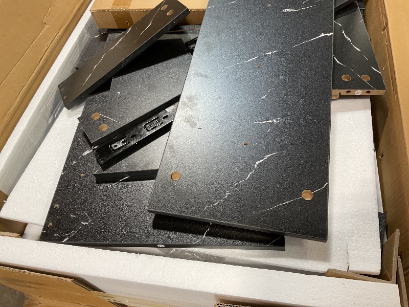 Photo 1 of **DIRT. DAMAGE TO CORNER**Vanity Desk With Sliding Mirror and LED Light, Makeup Vanity Set With Power Outlet, 3 Color Adjustable Light, Dressing Table With 4 Drawers, Storage Shelve & Stool for Bedroom, Marble-Black & White