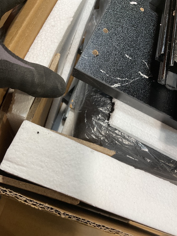 Photo 1 of **DIRT. DAMAGE TO CORNER**Vanity Desk With Sliding Mirror and LED Light, Makeup Vanity Set With Power Outlet, 3 Color Adjustable Light, Dressing Table With 4 Drawers, Storage Shelve & Stool for Bedroom, Marble-Black & White